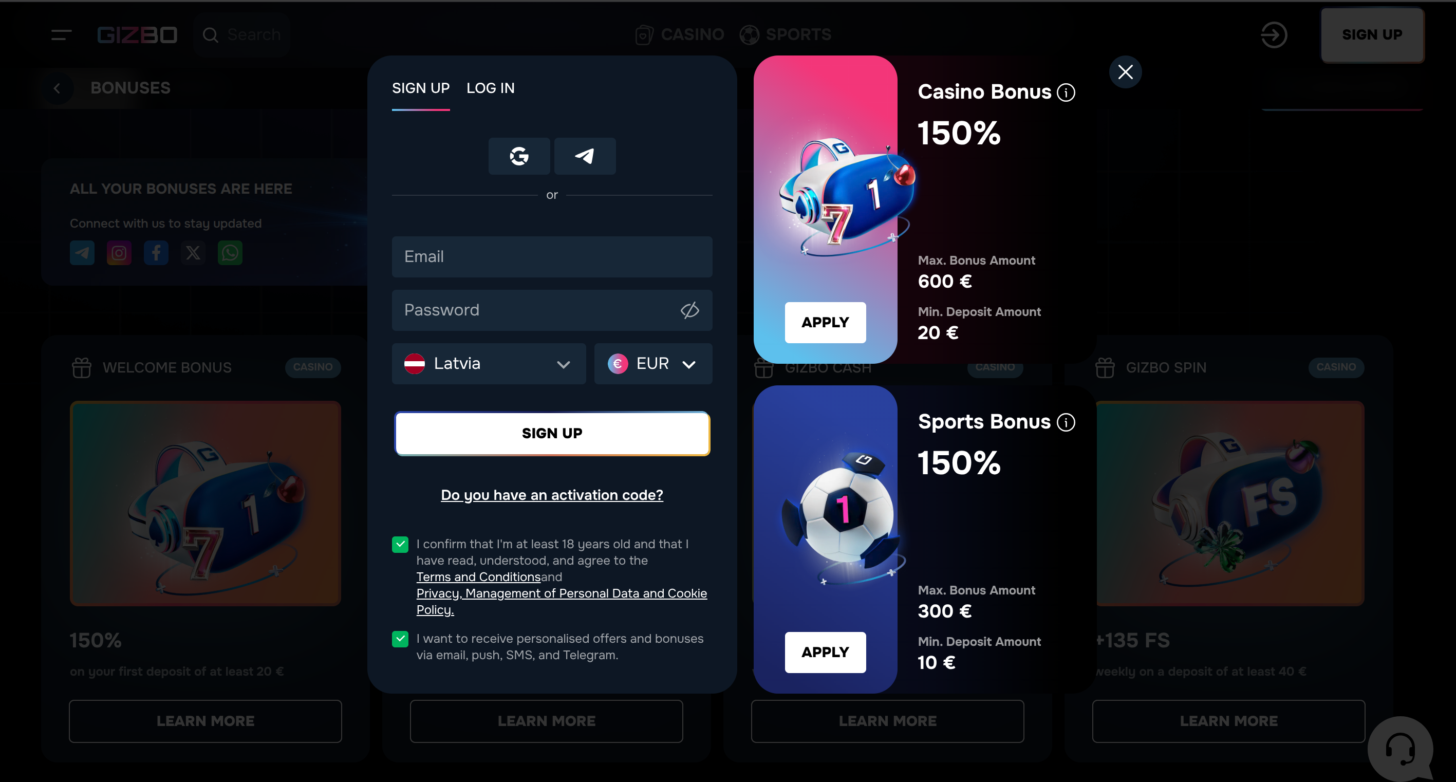 Kā reģistrēties Gizbo Casino